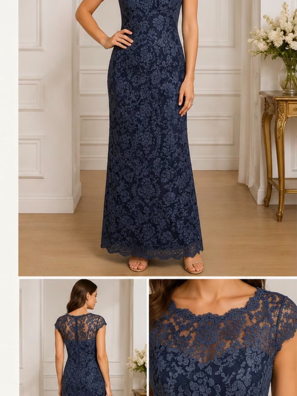 Stunning Tadashi Shoji Blue Lace Sequin Formal Gown/Maxi Dress V Neck Cap Sleeve